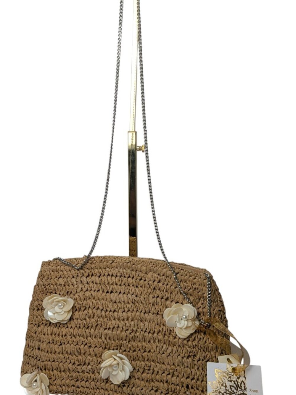 NWT From India To You Artisan Raffia Floral Silver Chain Crossbody Purse